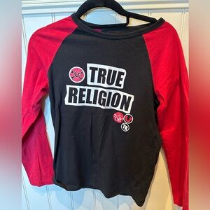 TRUE RELIGION Boys SIZE Medium Red & Black Long Raglan Sleeve Tee Shirt